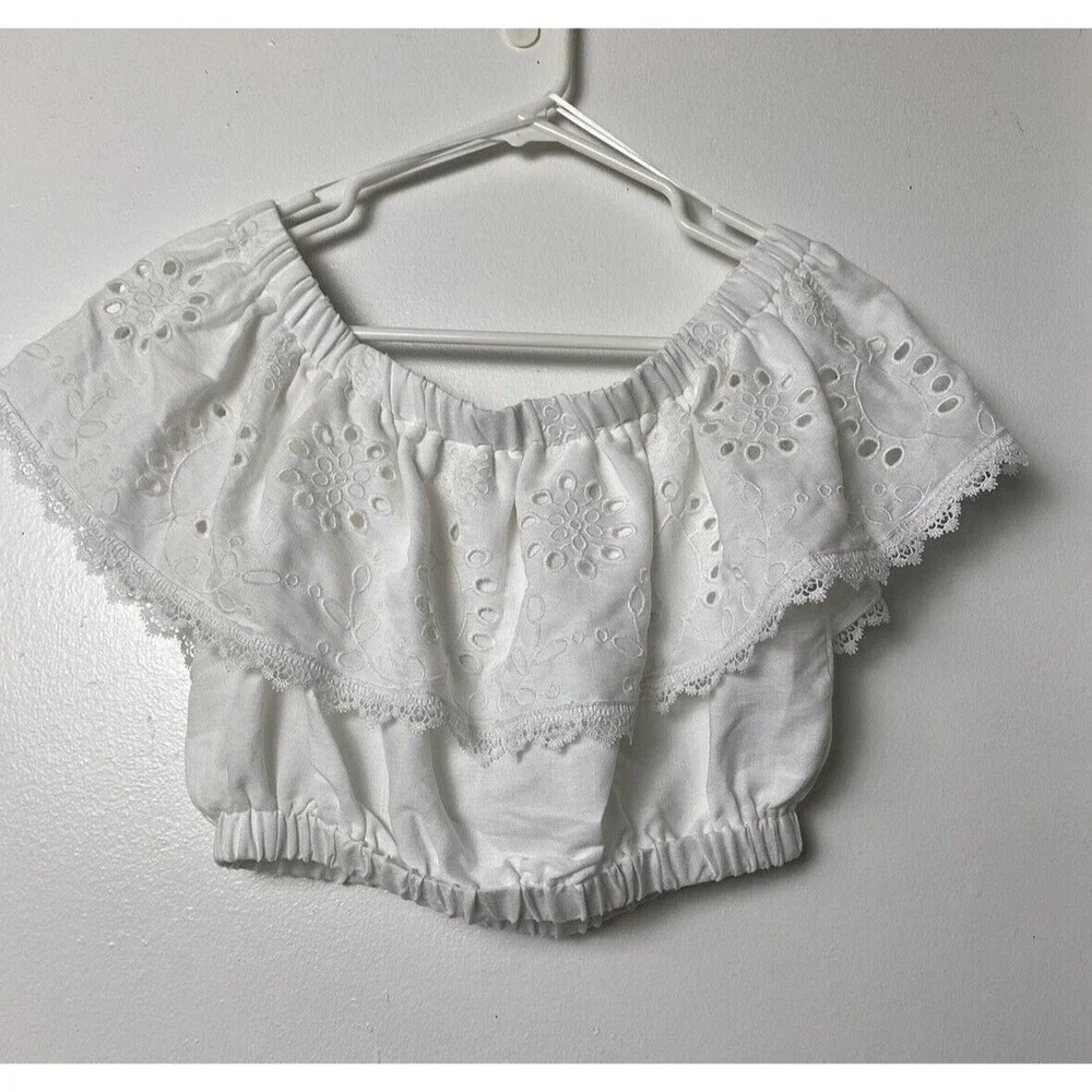 Mi Ami Francesca's White Paula Off The Shoulder Eyelet Ruffle Crop Blouse Size S - Picture 4 of 13